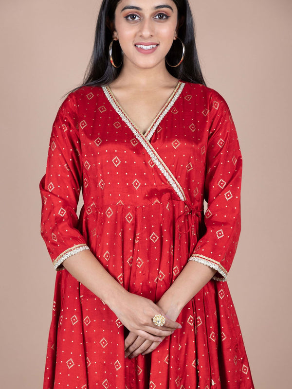 HERE&NOW Red & Beige Ethnic Motifs Printed Angrakha Gotta Patti Kurta with Trousers - Distacart