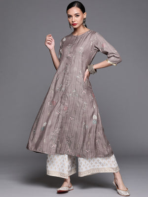 Libas Grey & Golden Ethnic Motifs Printed A-line Kurta with Pocket - Distacart