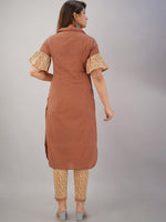 Thumbnail for HERE&NOW Maroon & Beige Ethnic Motifs Printed Shirt Collar Kurta with Trousers - Distacart