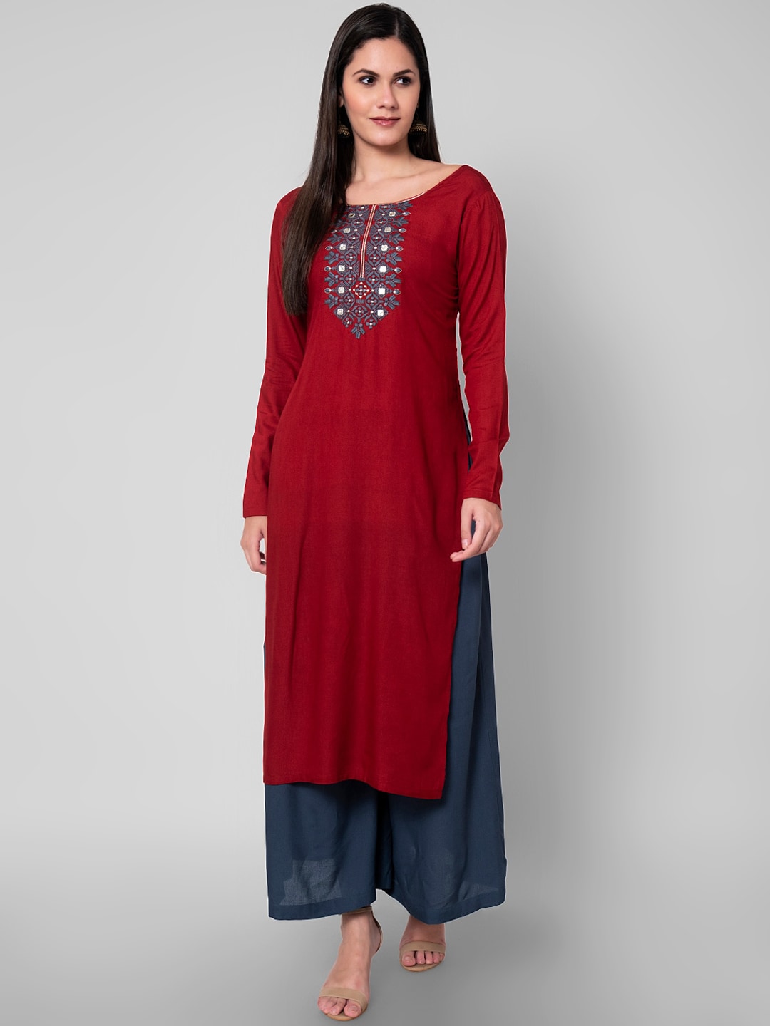 Kalini Women Maroon & blue Ethnic Motifs Embroidered Mirror Work Kurta with Palazzos - Distacart