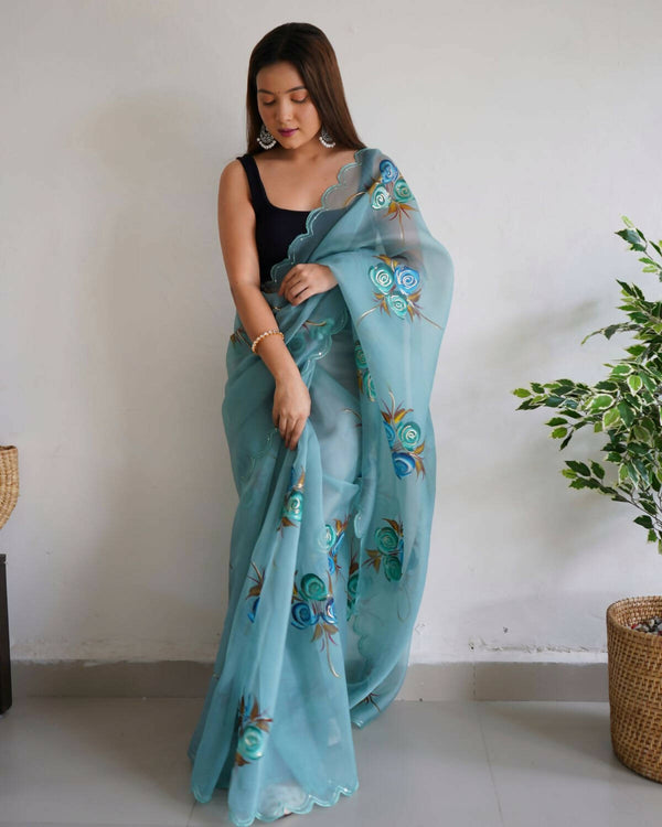 Vastrasky Sky Blue Organza Saree - Distacart