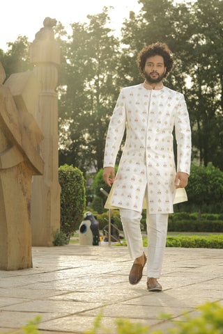 Irenic White Designer Sherwani by Hilo Designs - Distacart