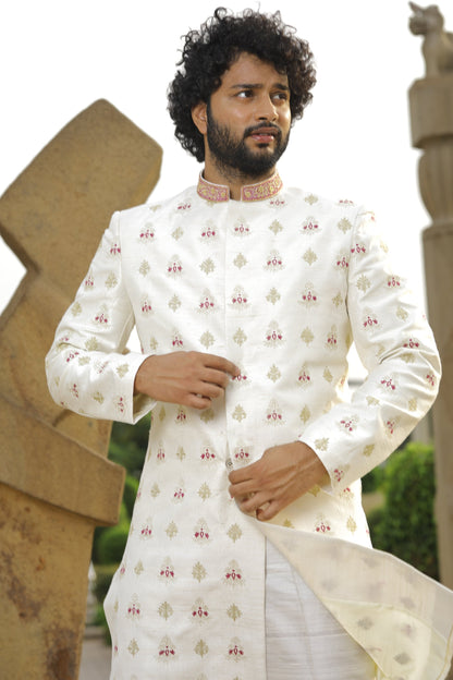 Irenic White Designer Sherwani by Hilo Designs - Distacart