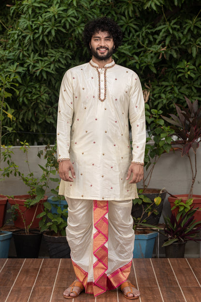 Classic Hand Embroidery Designer Pattu Kurta and Dhoti Set by Hilo Designs - Distacart