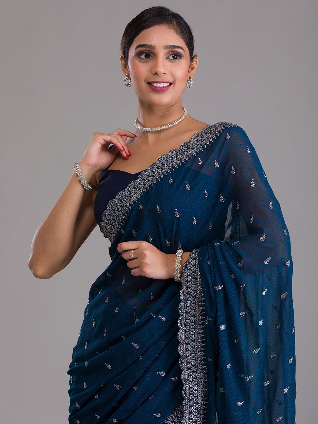 Koskii Blue & Silver-Toned Embellished Beads and Stones Heavy Work Saree - Distacart