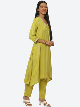 Biba Striped Thread Work Kurta with Trousers - Distacart
