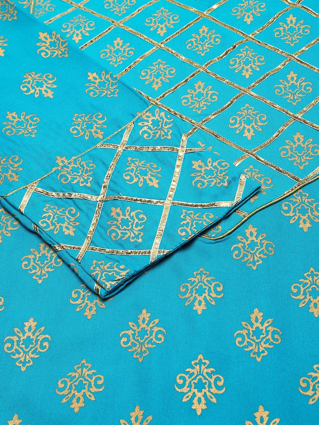 Kalini Women Turquoise Blue Ethnic Motifs Printed Gotta Patti Kurta with Skirt - Distacart