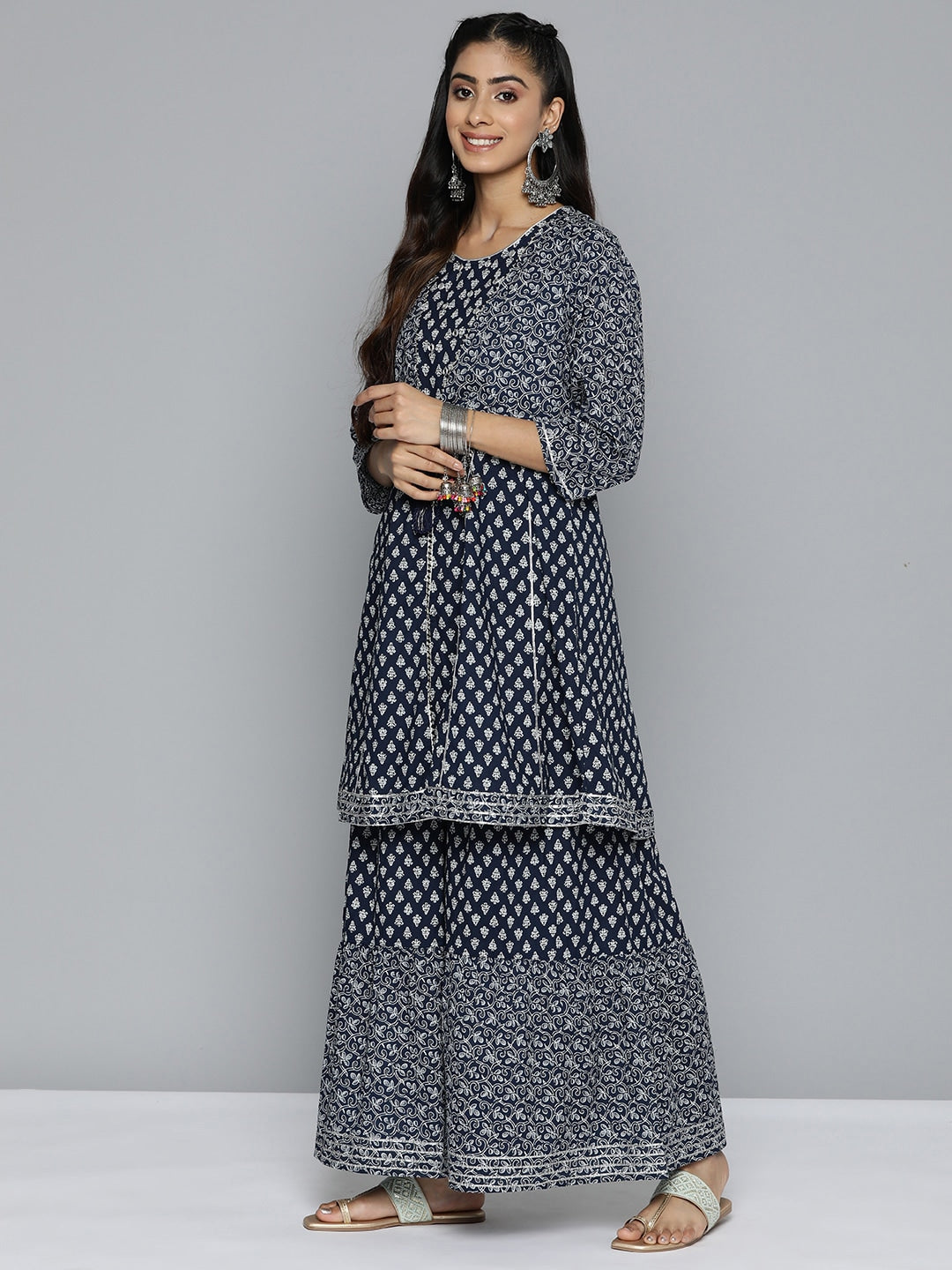 HERE&NOW Ethnic Motifs Printed Layered Gotta Patti Pure Cotton Kurta with Sharara - Distacart