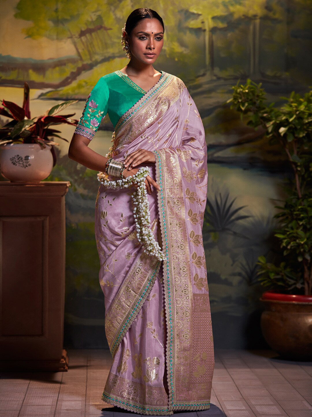 Mitera Lavender & Blue Ethnic Motifs Woven Design Zari Silk Blend Banarasi Saree - Distacart