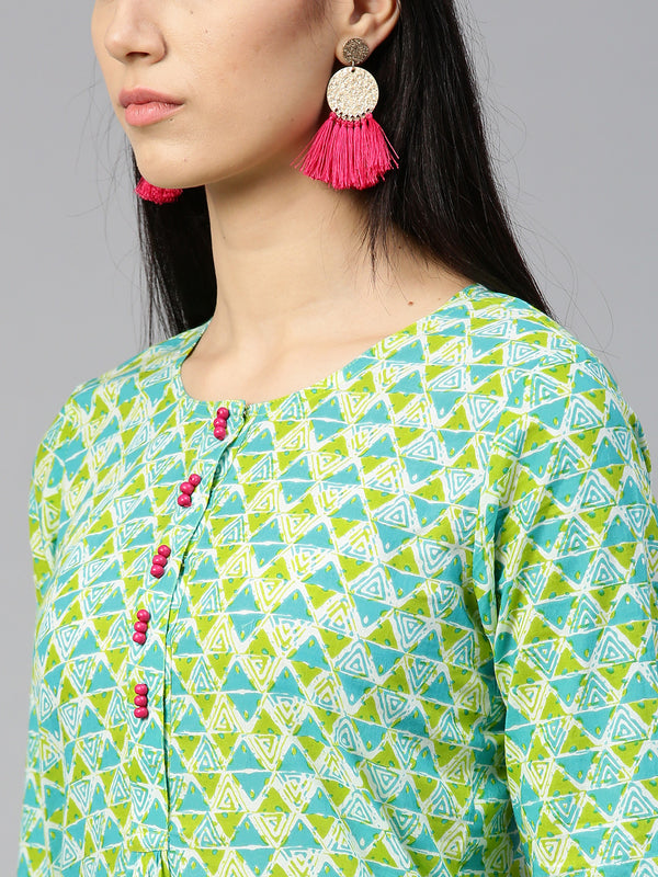 Jaipur Kurti Women Blue & Green Printed Straight Kurta - Distacart