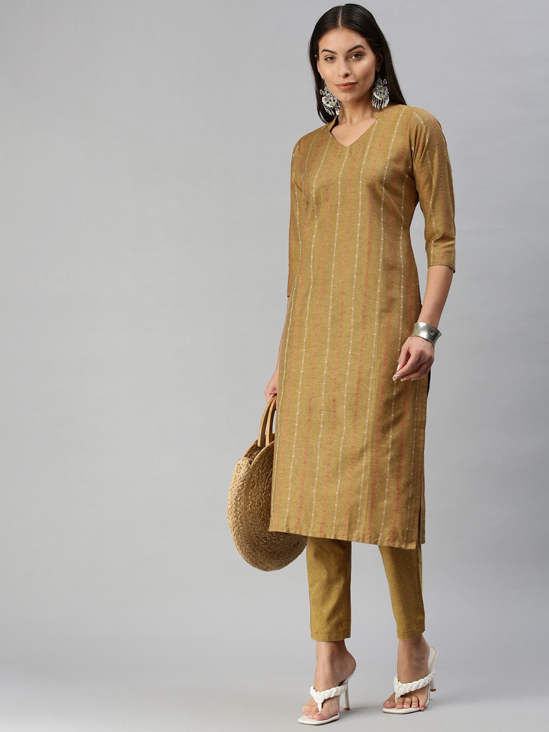 Kalini Women Mustard Yellow Pure Cotton Geometric Woven Design Kurta with Trousers - Distacart