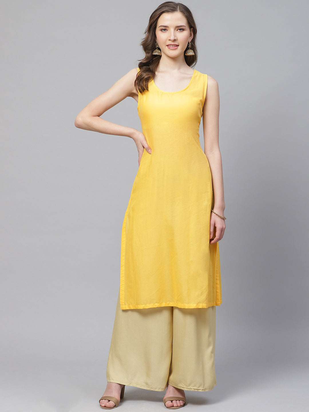 Biba Women Yellow & Silver Woven Design Layered Straight Kurta - Distacart