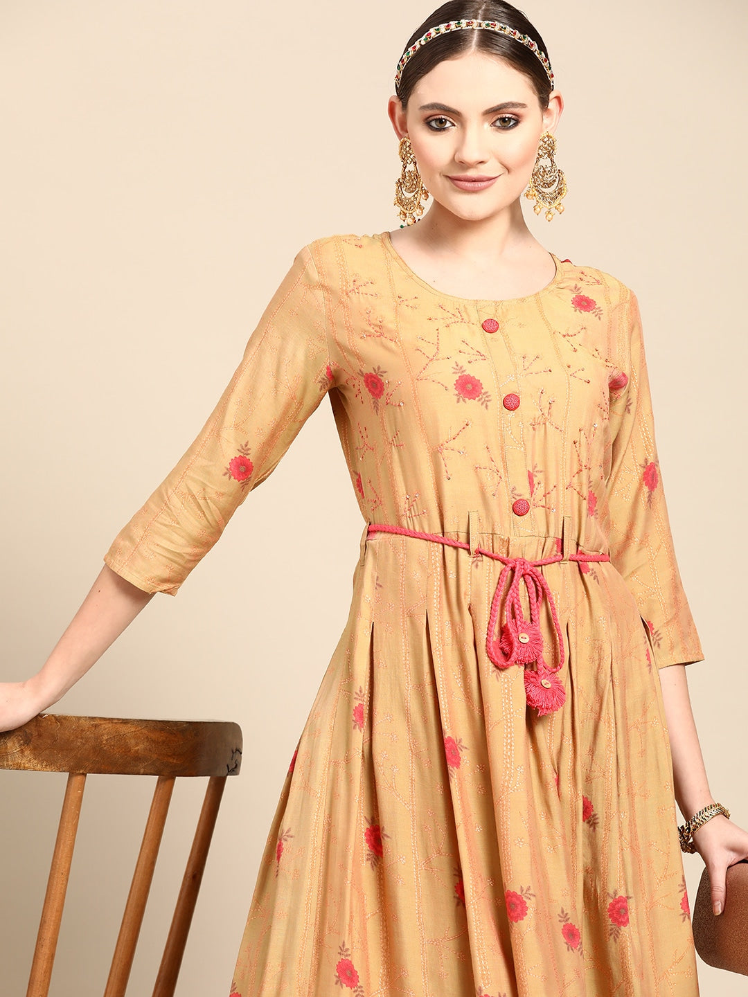 Sangria Women Mustard Yellow & Pink Ethnic Motifs Embroidered Mirror Work Anarkali Kurta - Distacart