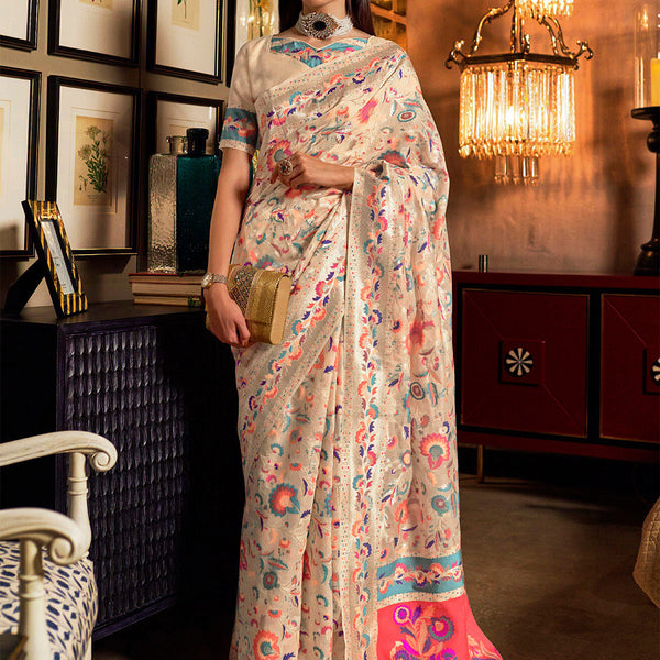 Mitera Cream-Coloured & Pink Woven Design Silk Blend Banarasi Saree - Distacart