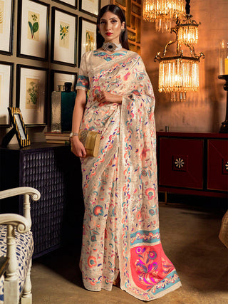Mitera Cream-Coloured & Pink Woven Design Silk Blend Banarasi Saree - Distacart