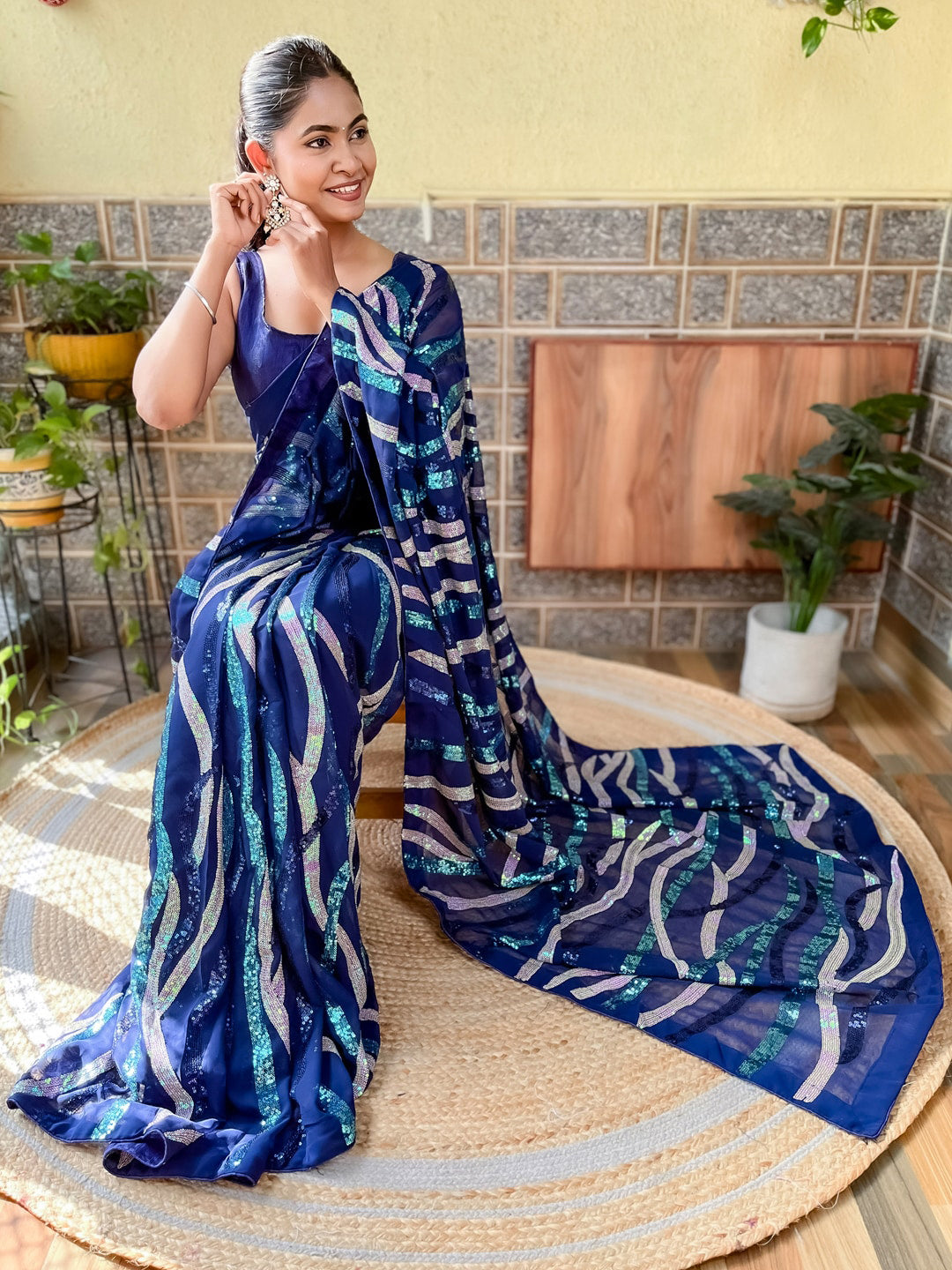 Mitera Embellished Sequinned Pure Georgette Saree - Distacart