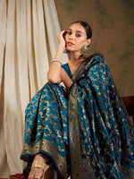 Thumbnail for Sangria Blue Floral Woven Design Zari Kanjeevaram Saree - Distacart