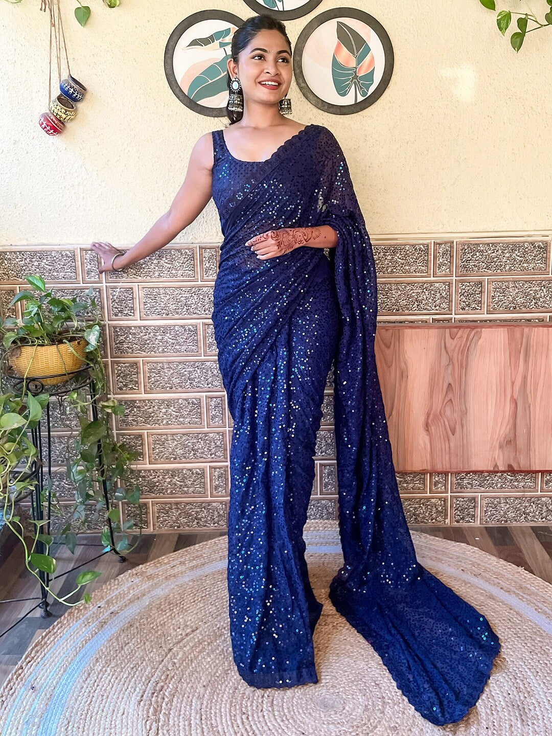 Mitera Blue Embellished Sequinned Pure Georgette Saree - Distacart