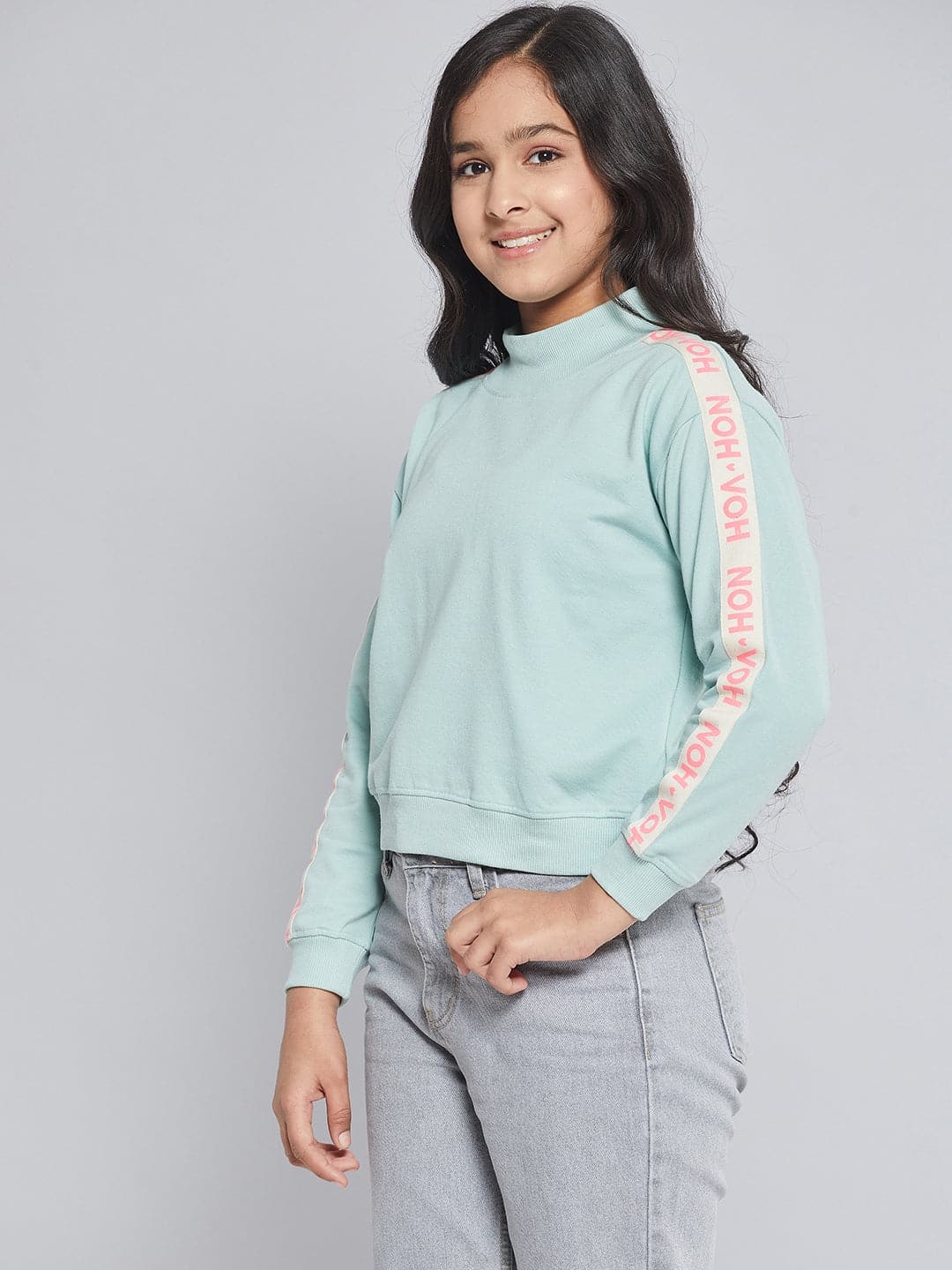 Lyush Blue Terry Brand Tape High Neck Sweatshirt For Girls - Distacart