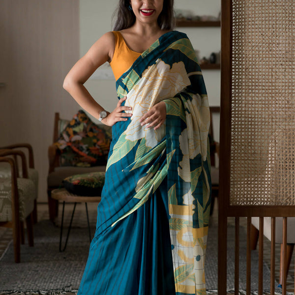 Suta Teal Floral Pure Cotton Saree - Distacart