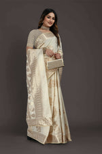 Thumbnail for Off White Pure Raw Silk Zari Woven Saree with Unstitched Blouse Piece - Alisha - Distacart