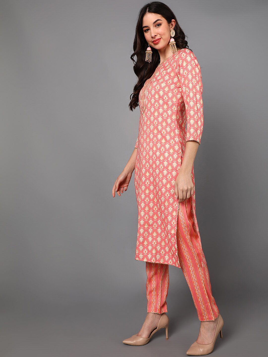 Ahika Women Pink Printed Pure Cotton Kurti with Trousers & With Dupatta - Distacart
