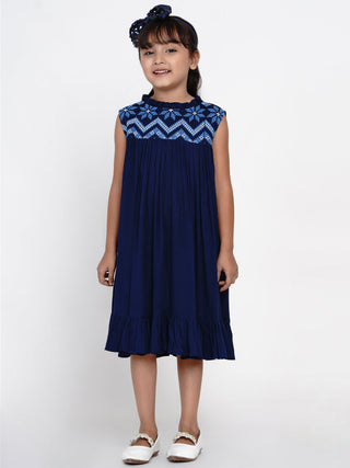 Girls Navy Blue Embroidered A-Line Dress for Kids - Bhama - Distacart
