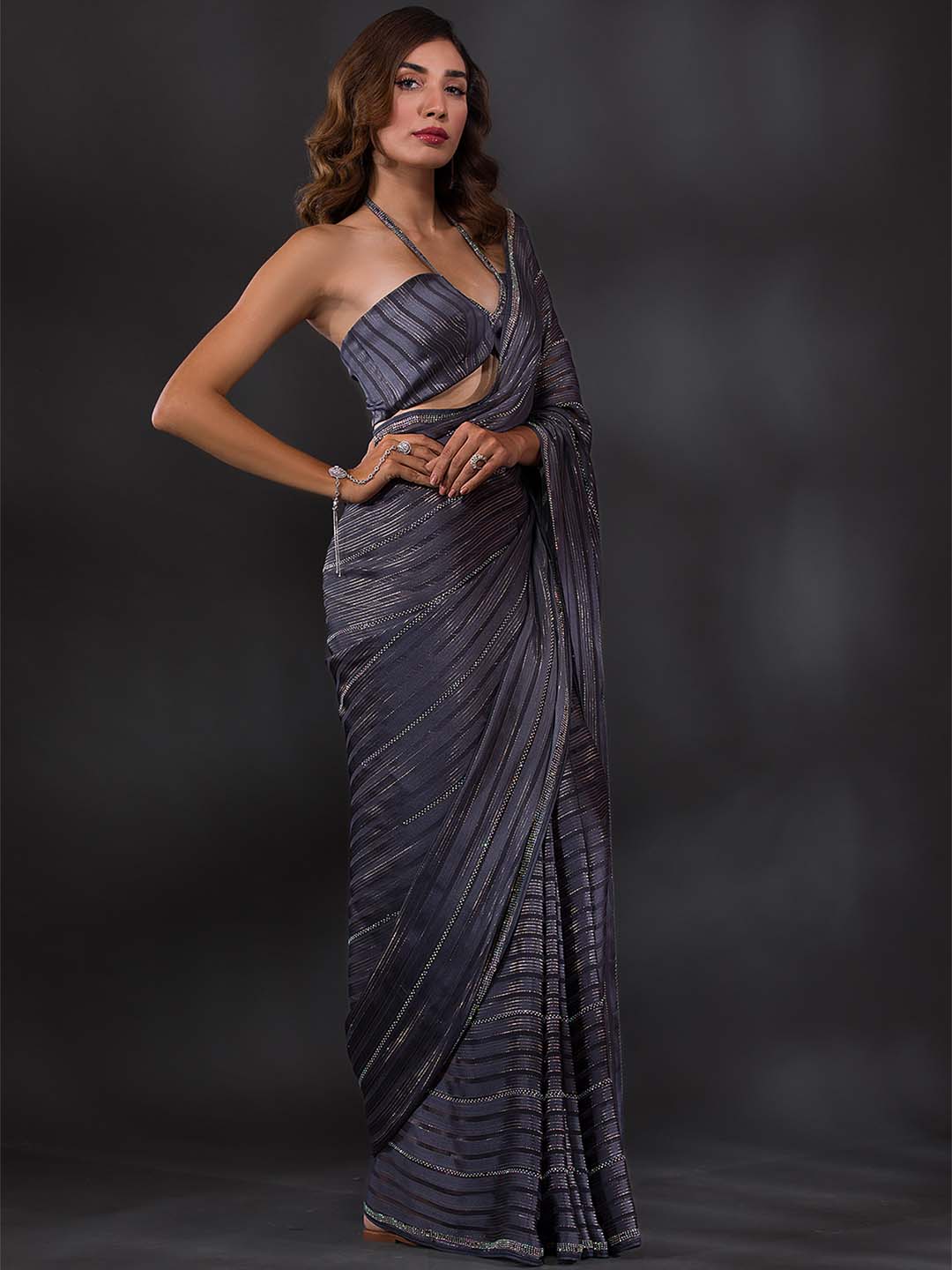 Koskii Grey Striped Beads and Stones Saree - Distacart