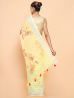 Thumbnail for Soch Yellow & Green Floral Zari Pure Linen Saree - Distacart