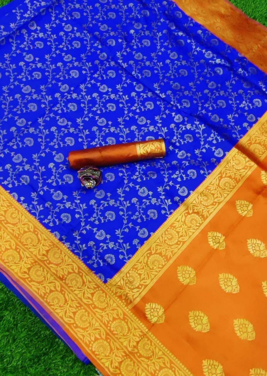 DEIANA'S Beautiful Golden Jari with New Design Soft Lichi Silk Saree - Royal Blue - Distacart