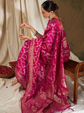Sangria Pink & Gold-Toned Floral Woven Design Zari Banarasi Saree - Distacart