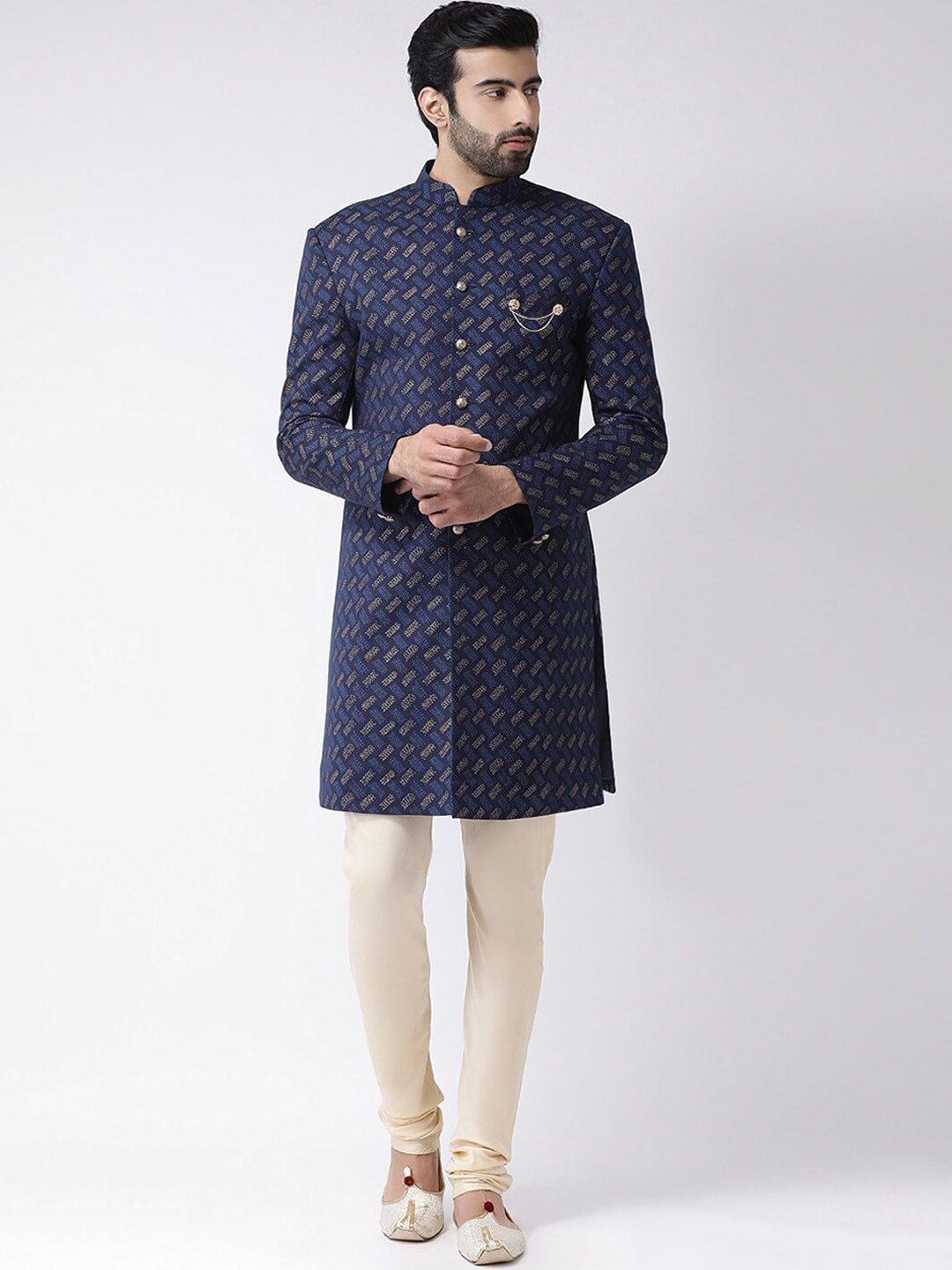 KISAH Men Self-Design Mandarin Collar Sherwani Set - Distacart