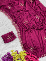 Thumbnail for Mitera Magenta & Gold-Toned Embroidered Silk Blend Saree - Distacart