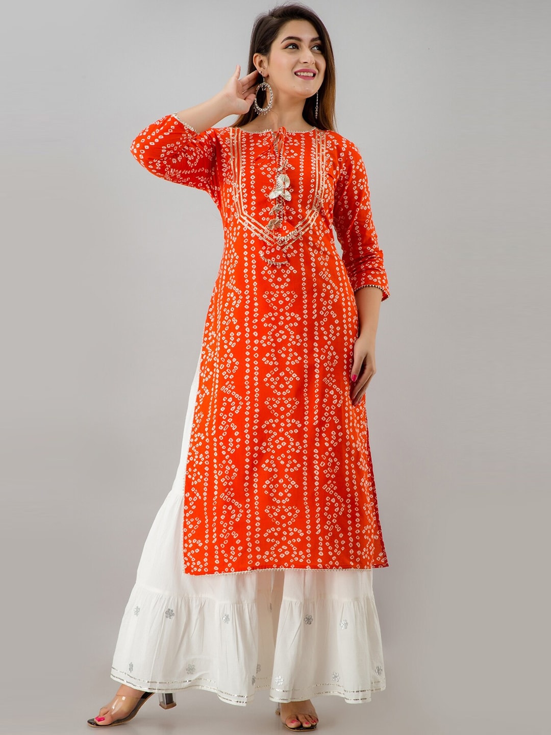 HERE&NOW Orange & White Bandhani Printed Gotta Patti Kurta with Sharara - Distacart