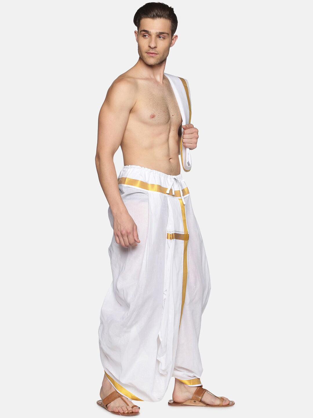 Sethukrishna Men White & Gold-Toned Solid Ready Made Dhoti Pants - Distacart