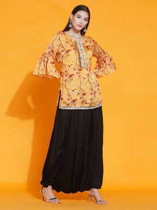 Women Republic Yellow Printed Satin Georgette Shirt With Bell Sleeves And Dhoti - Distacart