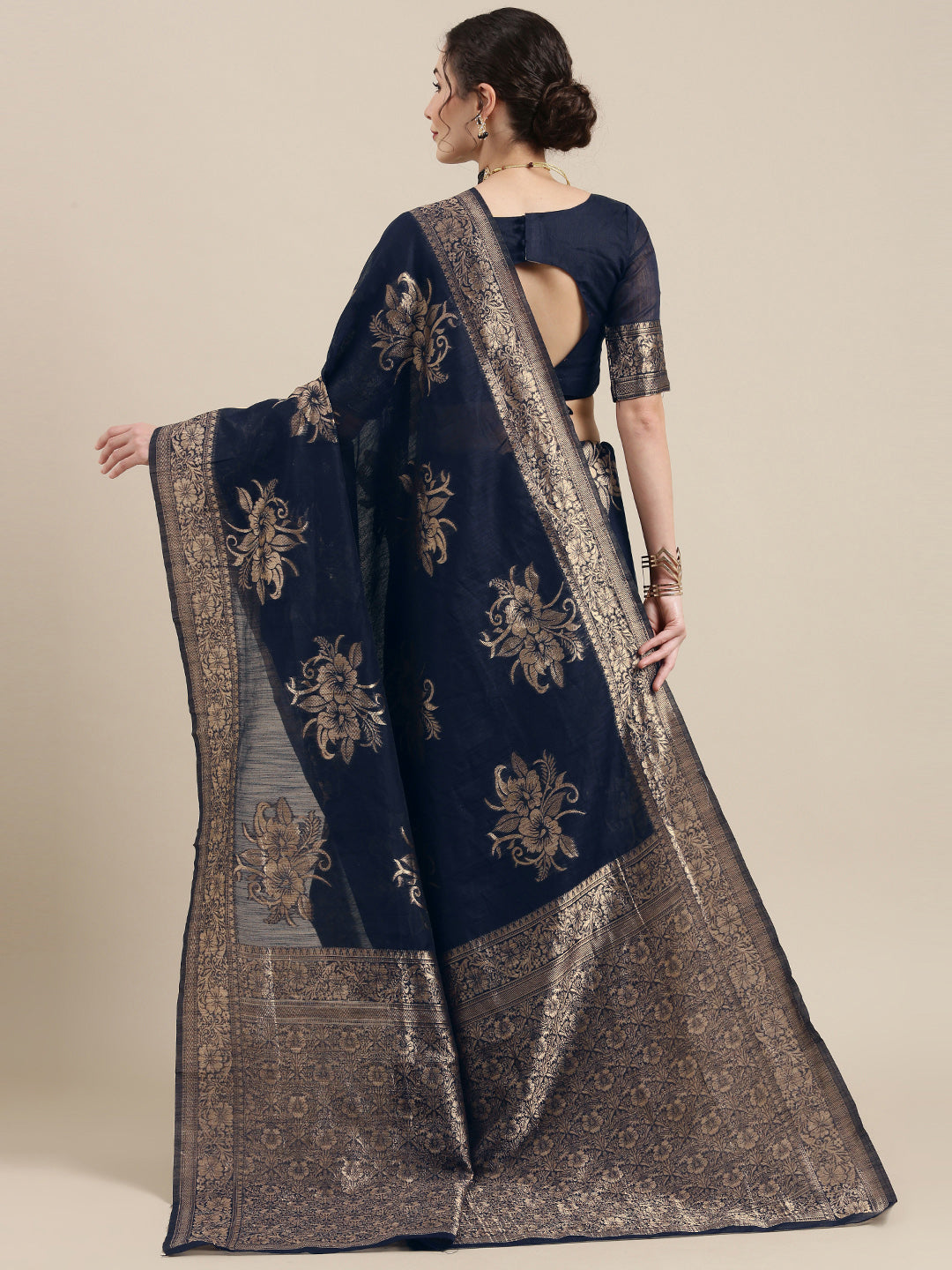 Saree Mall Navy Blue Floral Linen Blend Banarasi Saree - Distacart