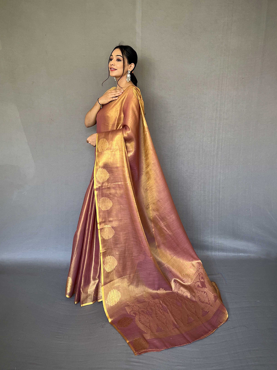 Mitera Peach-Coloured & Gold-Toned Woven Design Zari Tissue Saree - Distacart