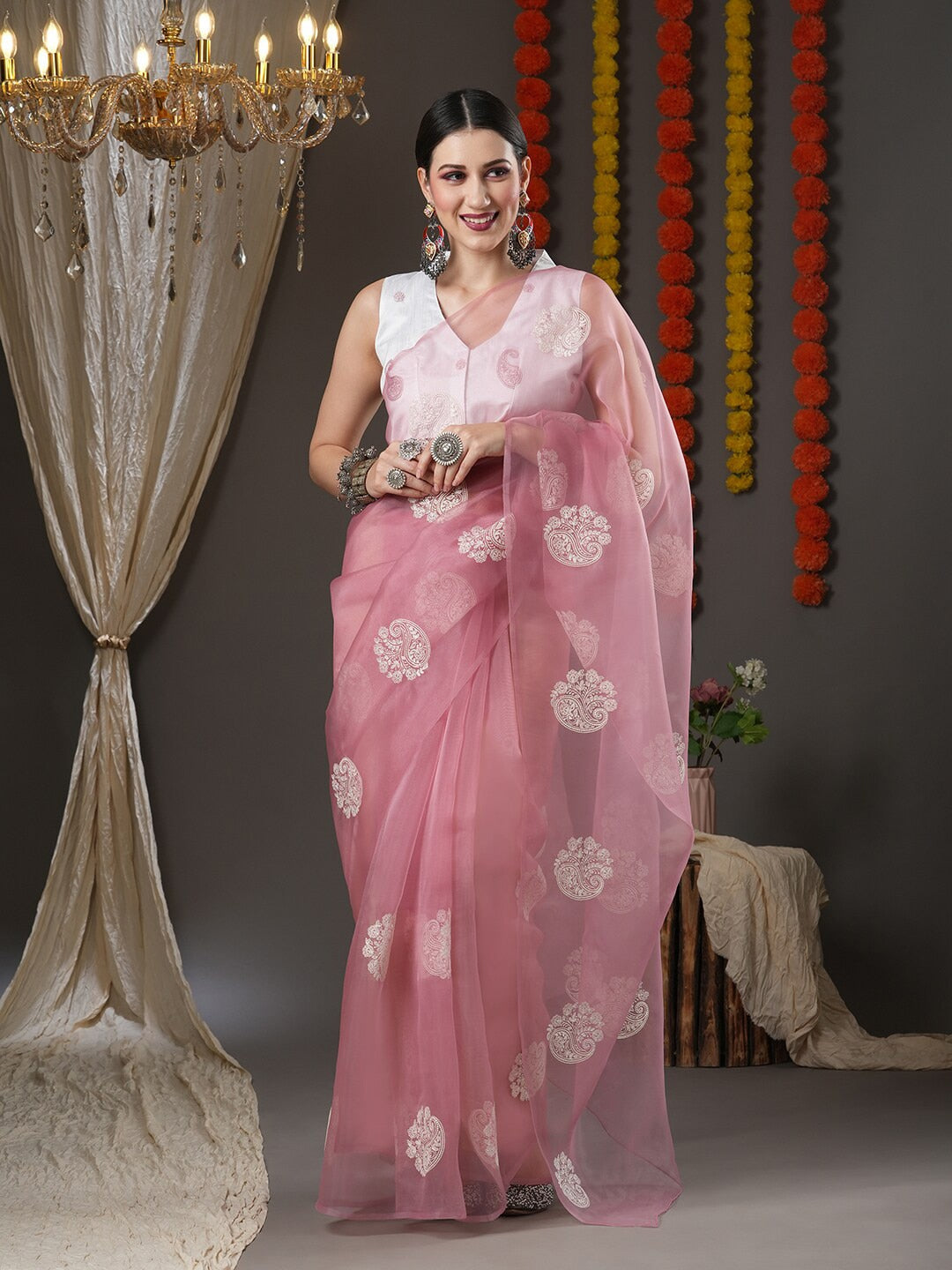 Saree Mall Mauve & White Floral Embroidered Organza Banarasi Sarees - Distacart