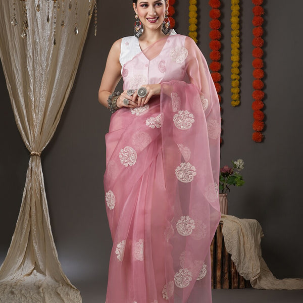 Saree Mall Mauve & White Floral Embroidered Organza Banarasi Sarees - Distacart
