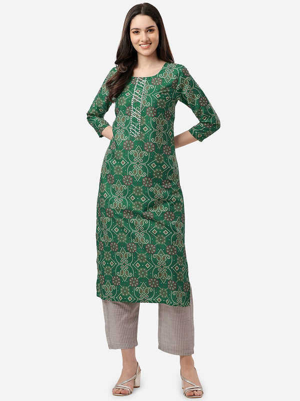 HERE&NOW Women Green Bandhani Printed Gotta Patti Pure Silk Kurta with Trousers - Distacart