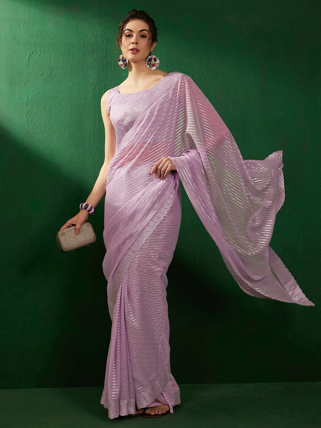 Sangria Mauve Embellished Pure Georgette Saree - Distacart