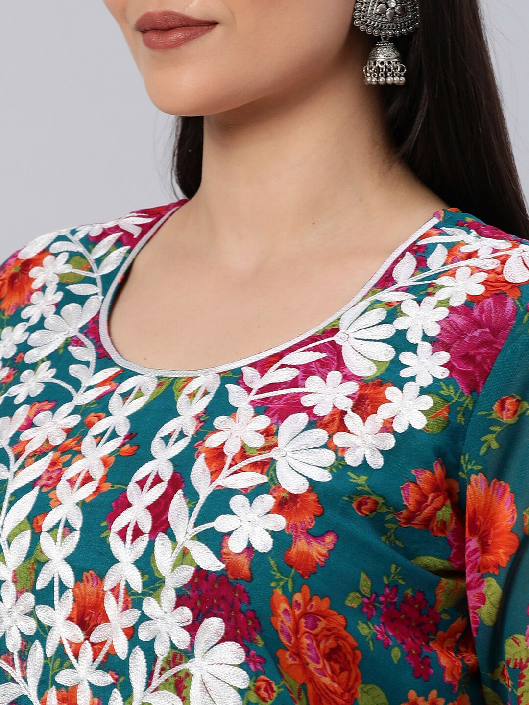 Kalini Floral Printed Chikankari Embroidered Straight Kurta - Distacart