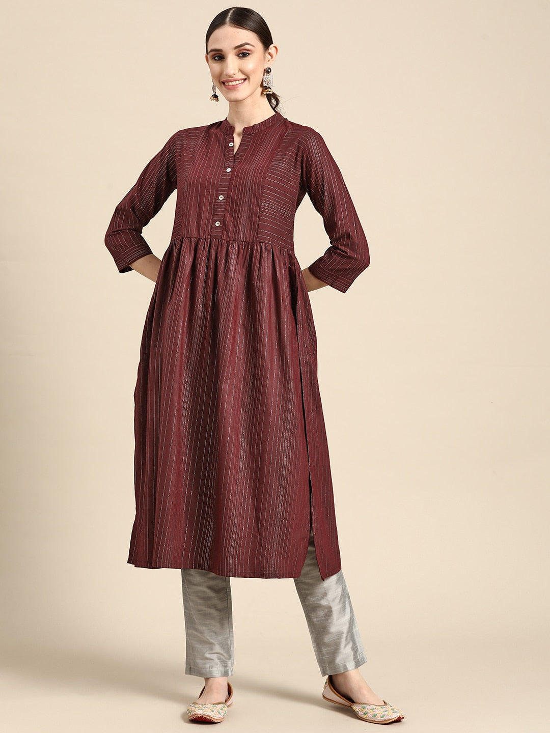 Sangria Women Maroon Striped A-Line Kurta - Distacart