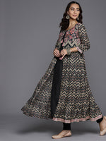 Thumbnail for Biba Women Black & Beige Chevron Printed Anarkali Kurta - Distacart