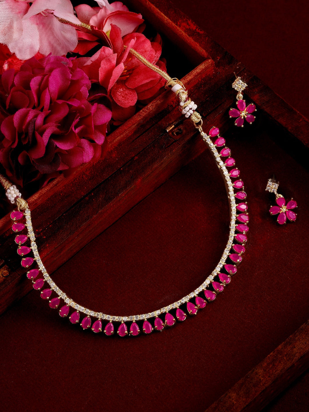 Gold-Plated Alloy Ruby Colour American Diamond Choker Necklace Set - The Pari - Distacart