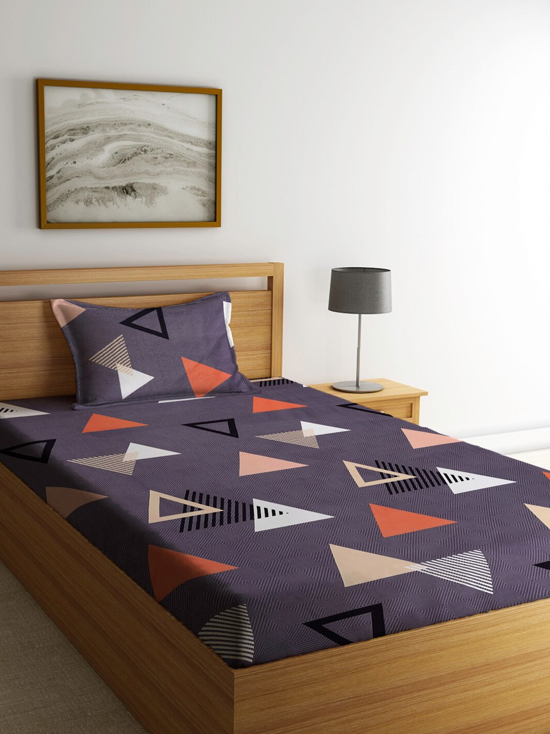 Home Sizzler Grey & White Geometric 144 TC Single Bedsheet with 1 Pillow Covers - Distacart