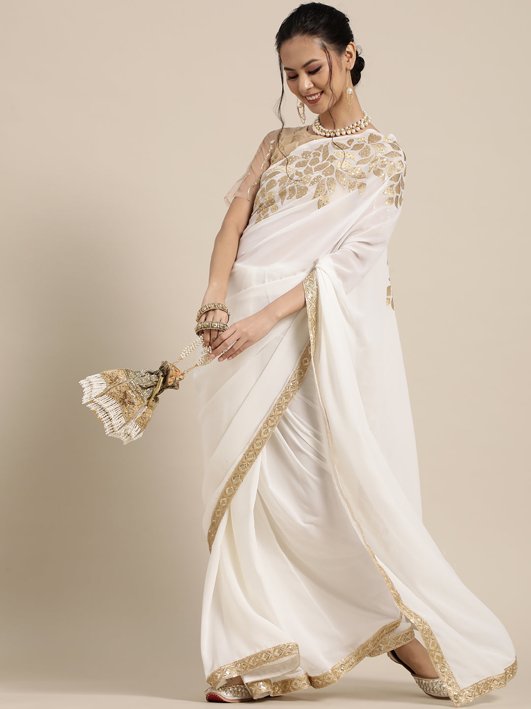 Saree Mall White & Golden Floral Muga Saree - Distacart