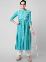 Thumbnail for Kalini Women Sea Green Printed Flared Sleeves Thread Work Handloom Kurta - Distacart