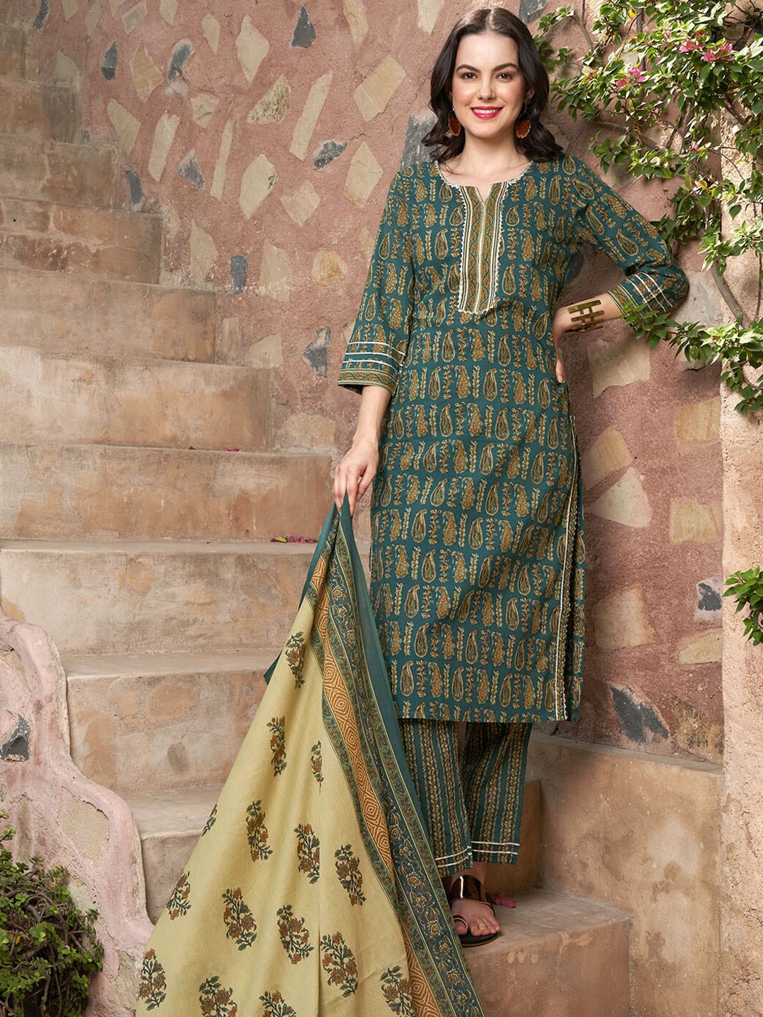 Sangria Ethnic Motifs Printed Pure Cotton Kurta with Trousers & Dupatta - Distacart